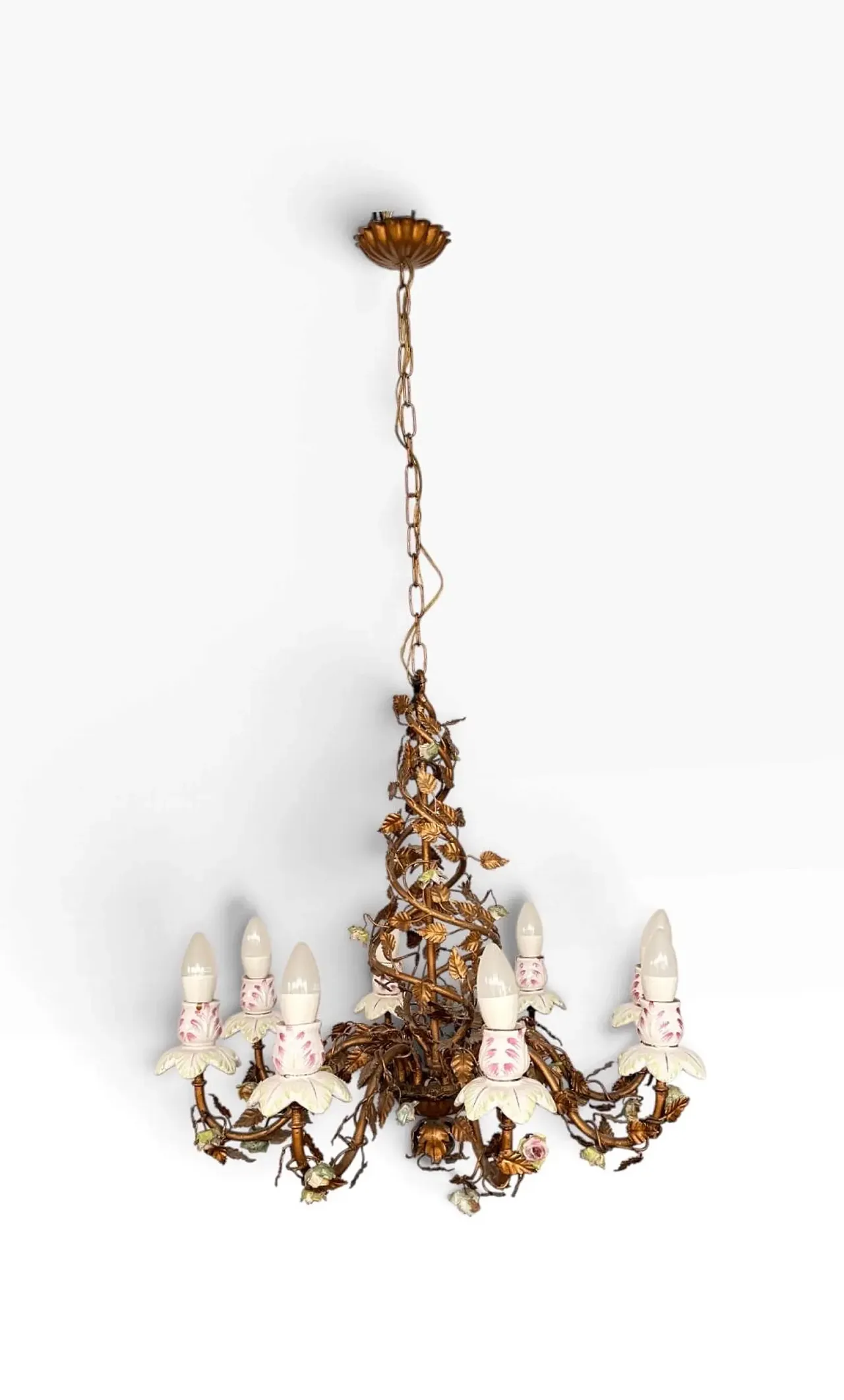 Wrought iron chandelier and porcelain flowers, 1970s 1