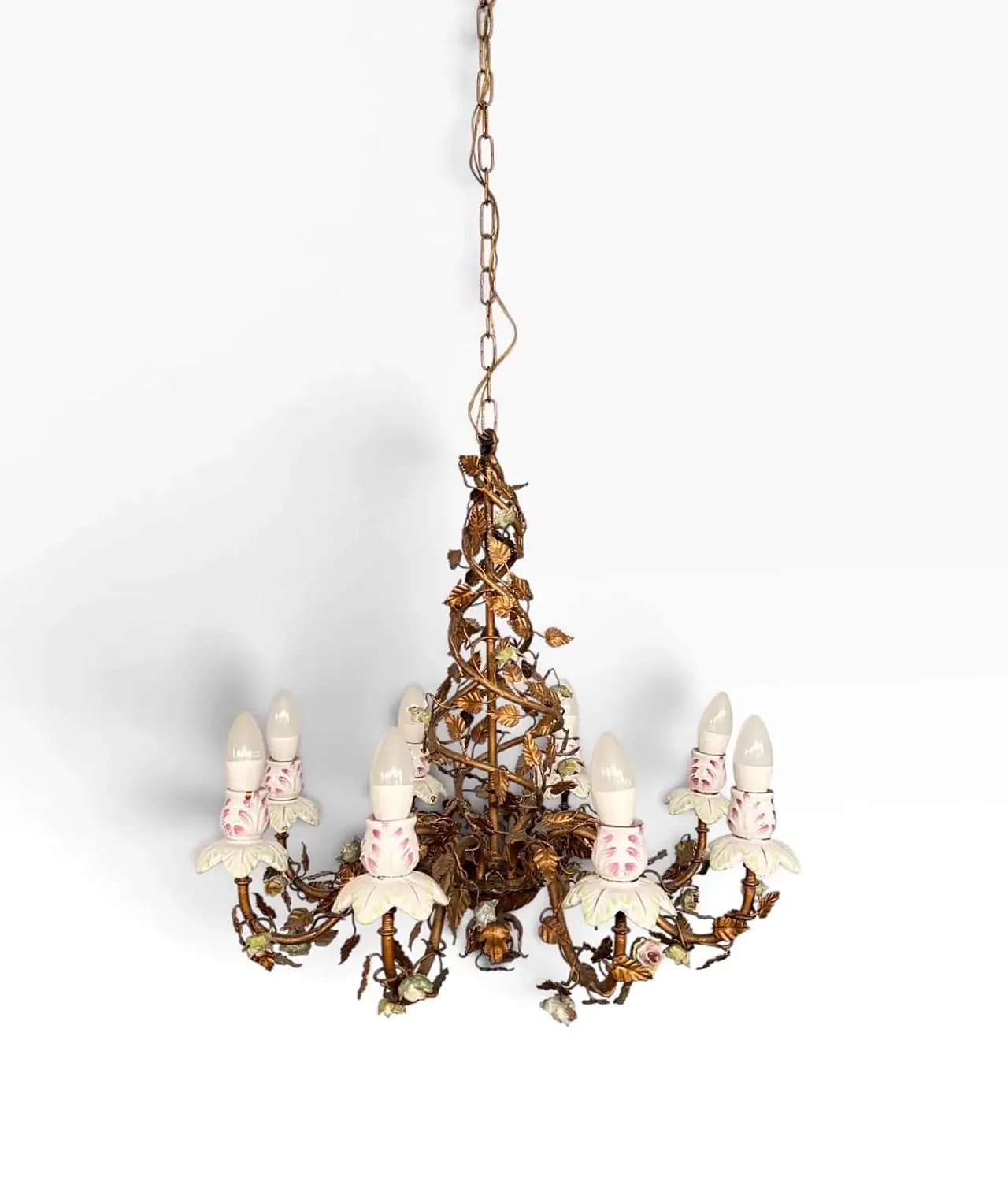 Wrought iron chandelier and porcelain flowers, 1970s 2