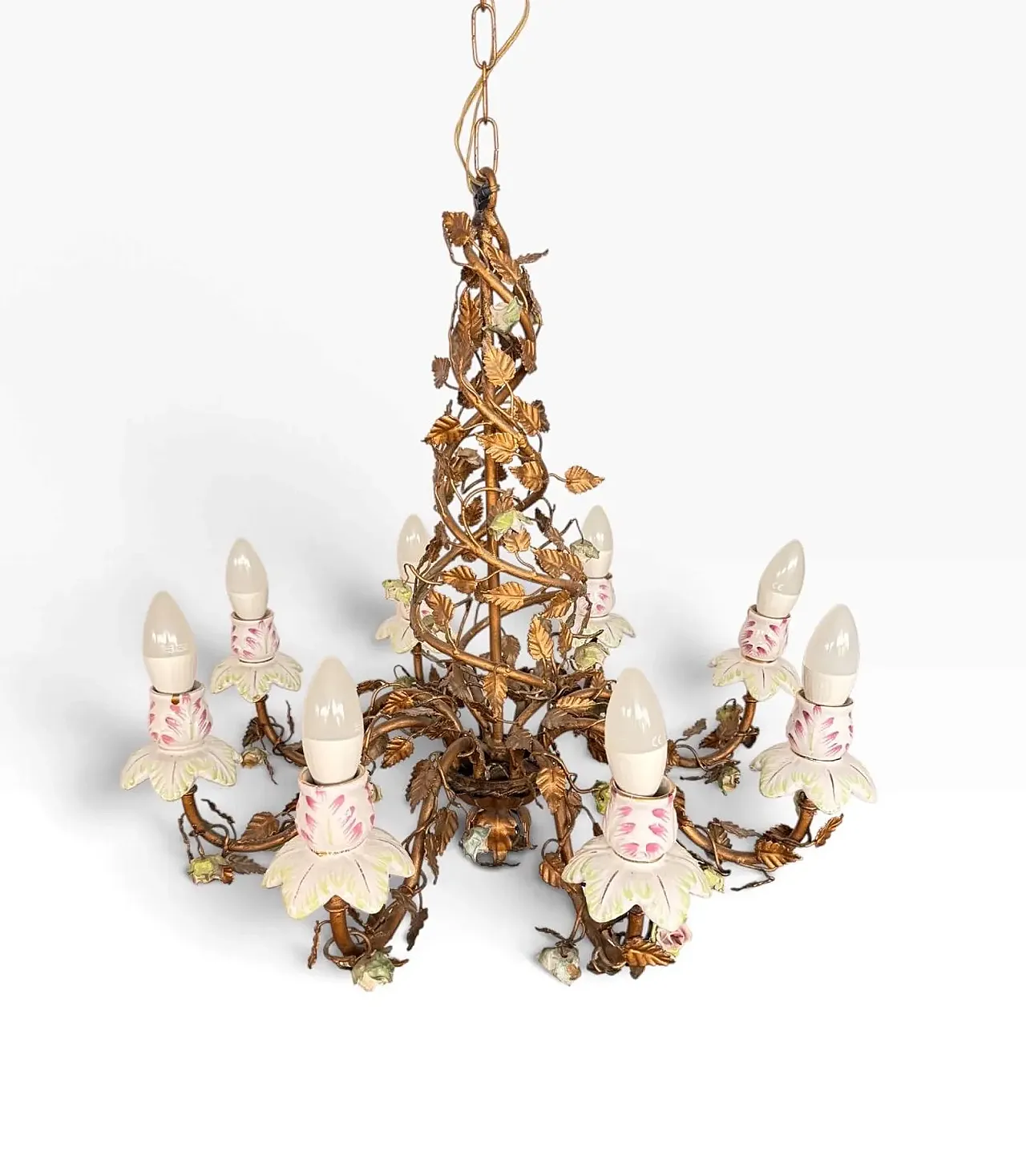 Wrought iron chandelier and porcelain flowers, 1970s 3