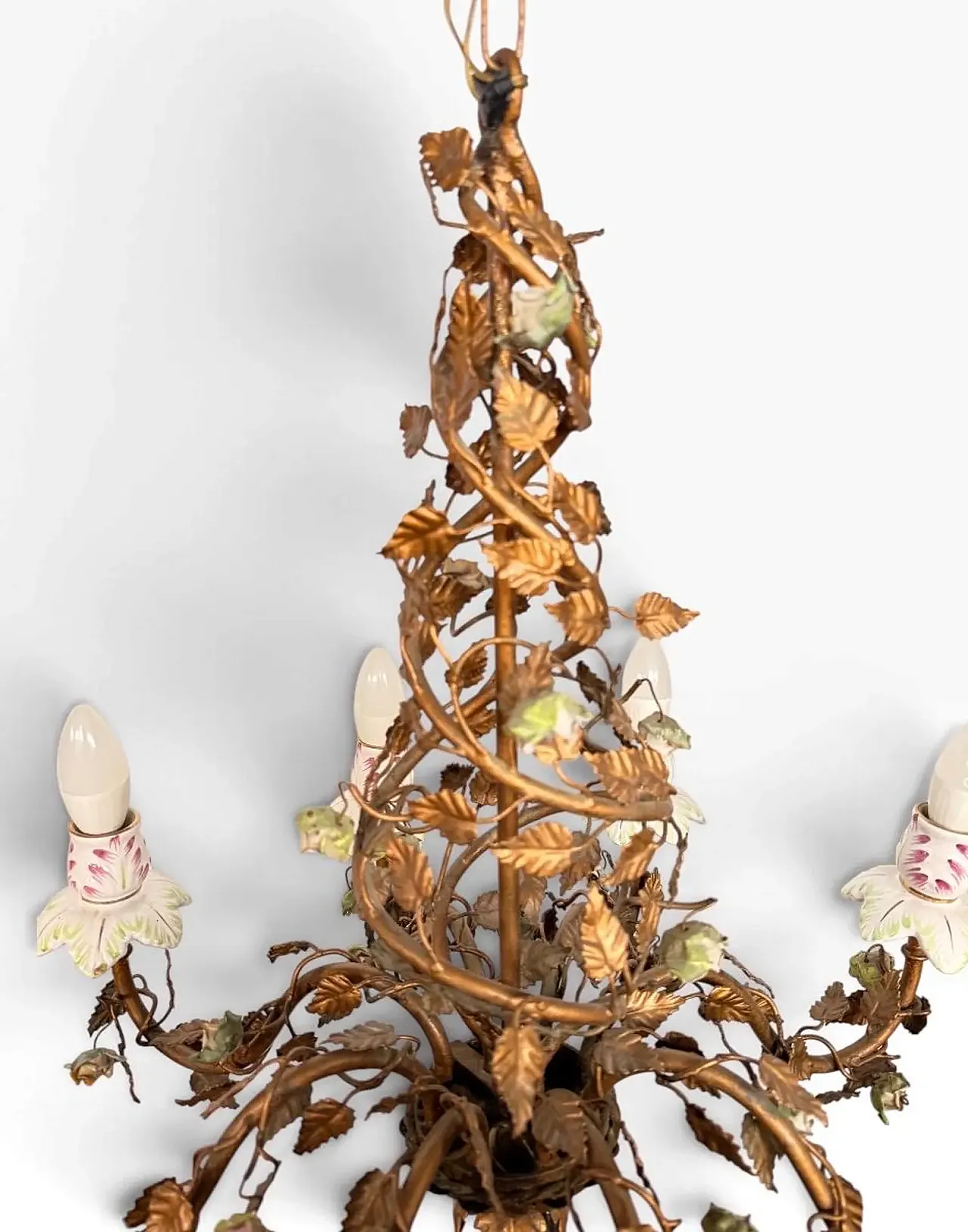 Wrought iron chandelier and porcelain flowers, 1970s 4