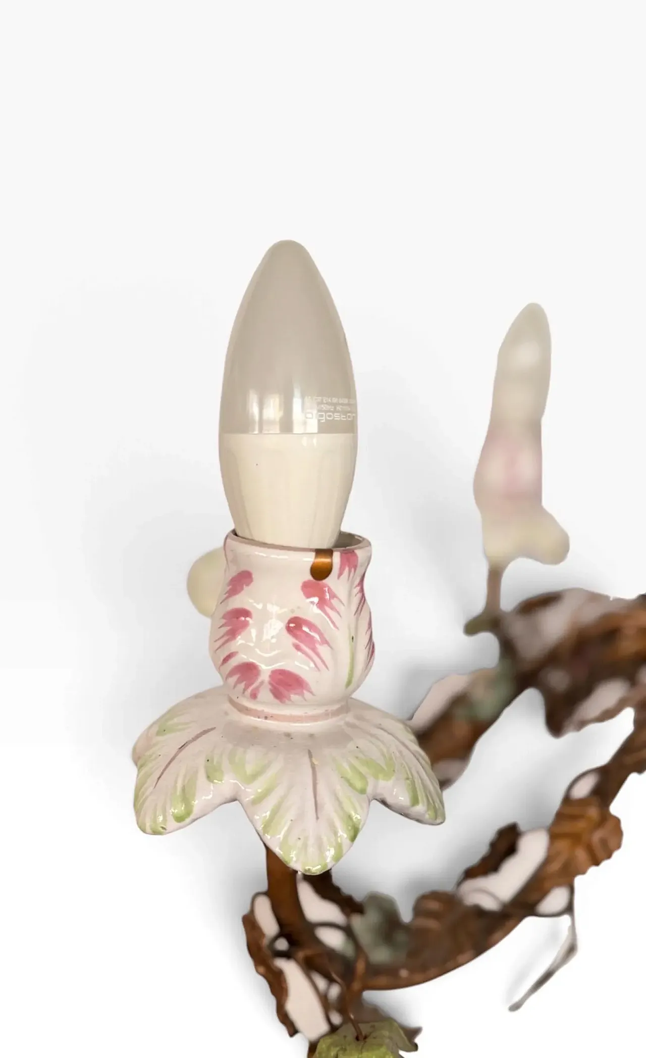 Wrought iron chandelier and porcelain flowers, 1970s 6
