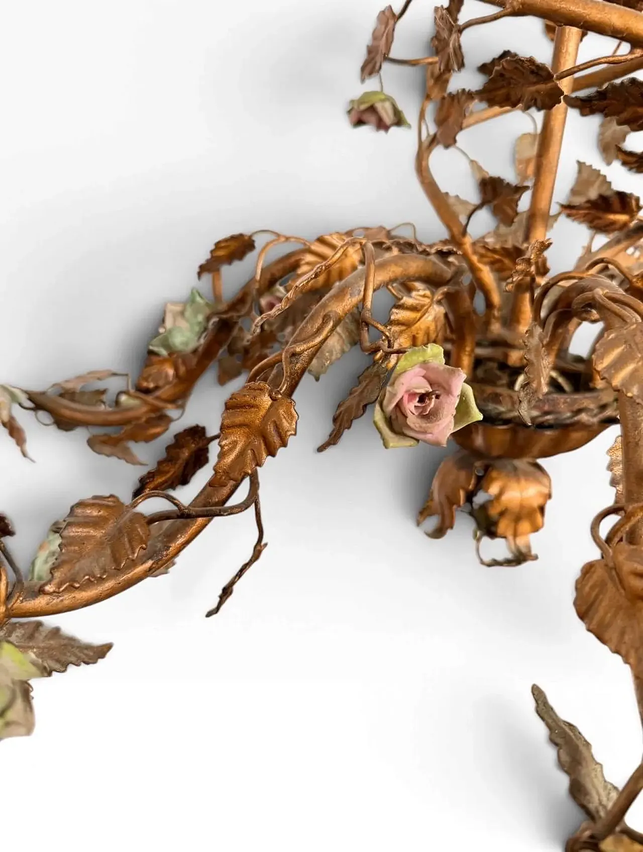 Wrought iron chandelier and porcelain flowers, 1970s 8