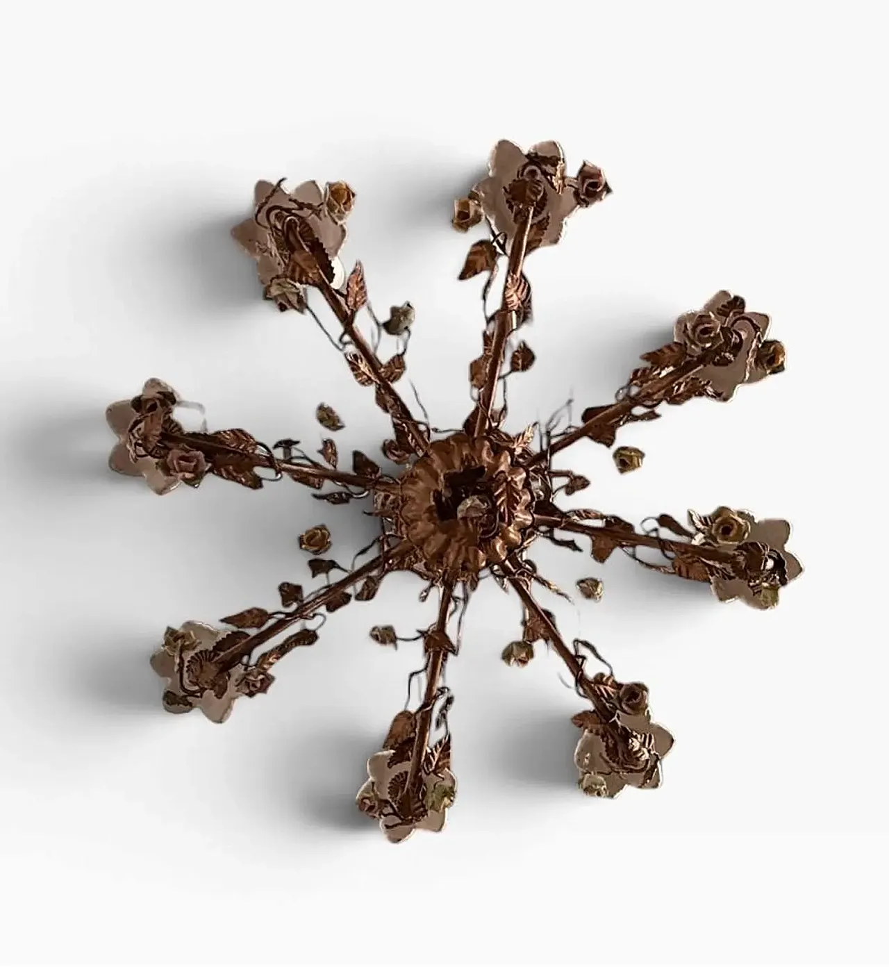 Wrought iron chandelier and porcelain flowers, 1970s 10