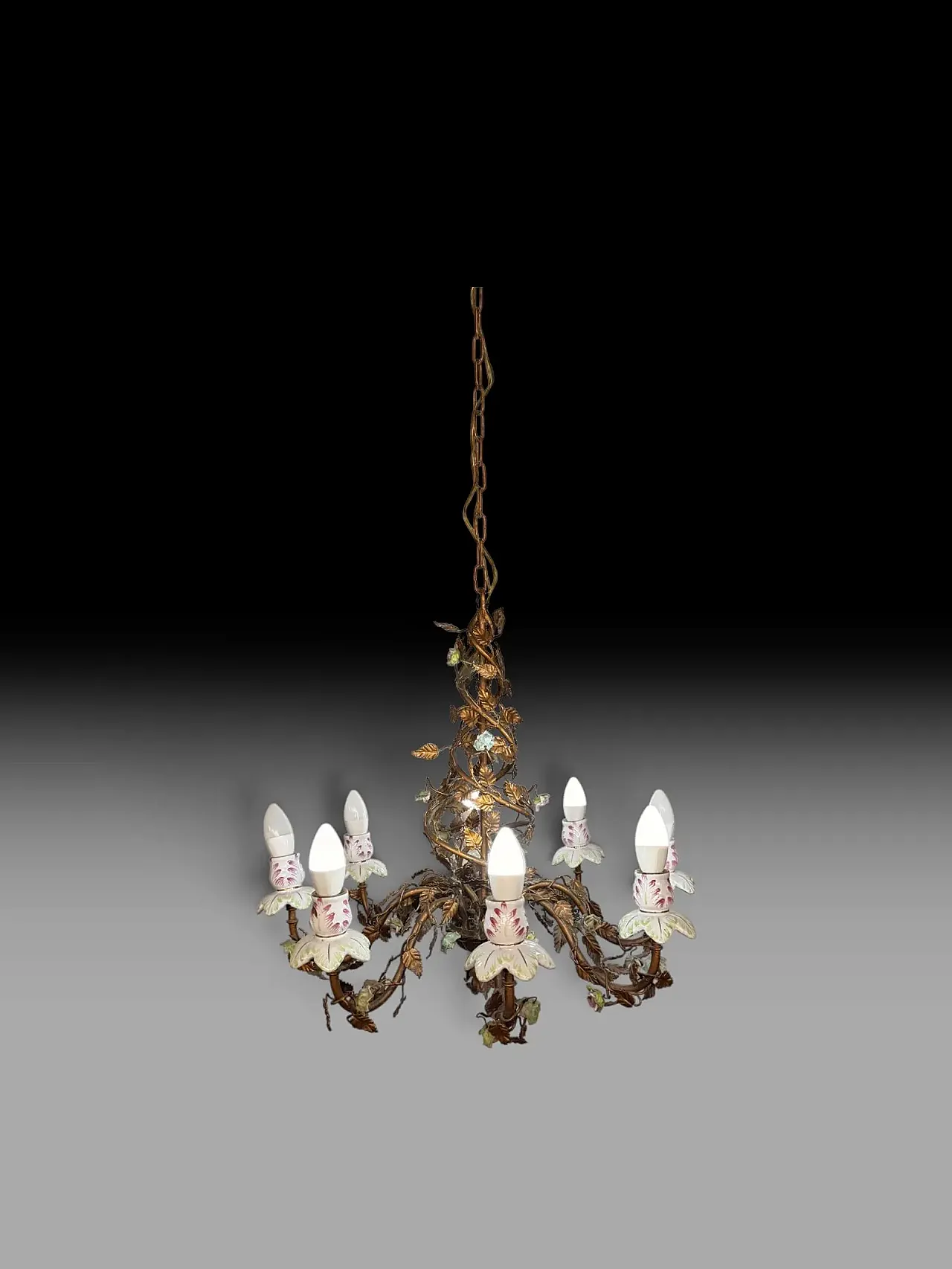 Wrought iron chandelier and porcelain flowers, 1970s 11