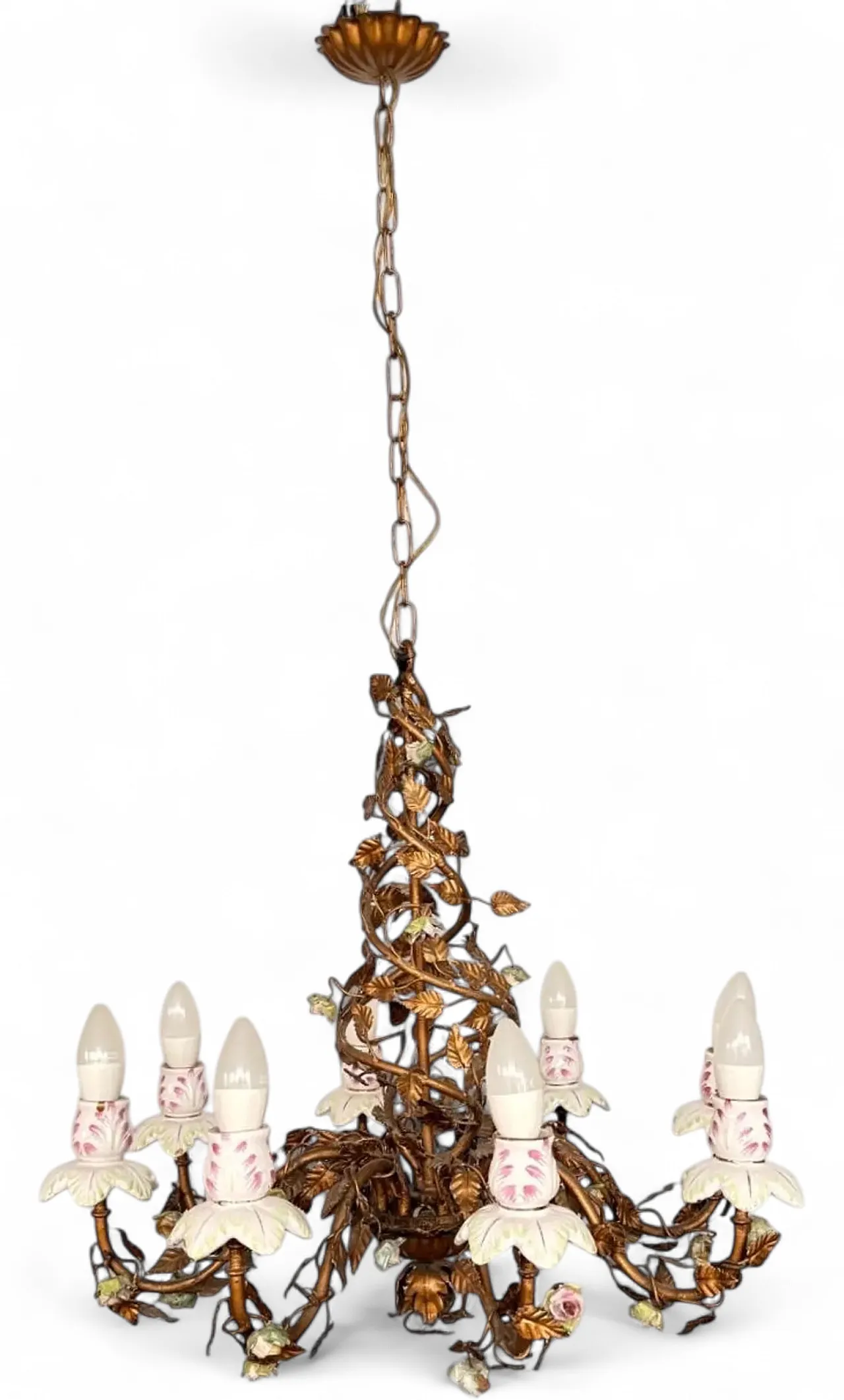 Wrought iron chandelier and porcelain flowers, 1970s 12