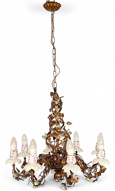 Wrought iron chandelier and porcelain flowers, 1970s
