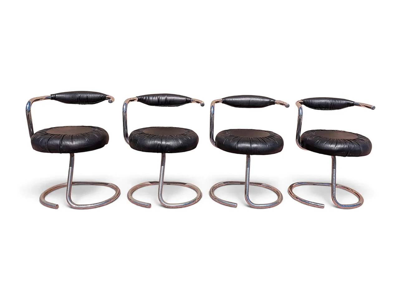 Black leather Cobra chairs by Giotto Stoppino, 1970s, set of 4 1