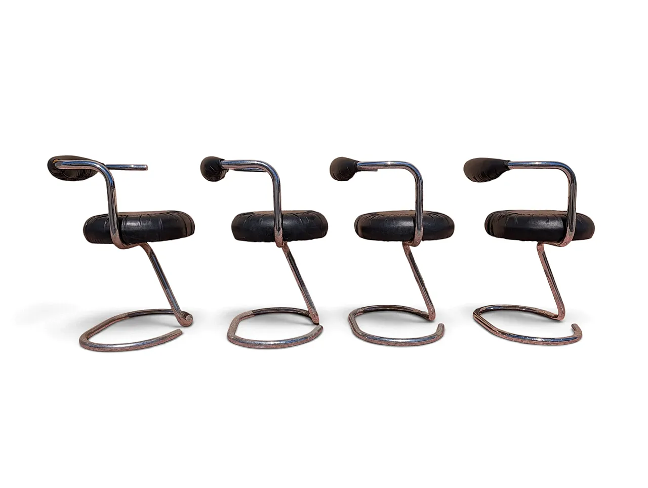Black leather Cobra chairs by Giotto Stoppino, 1970s, set of 4 2