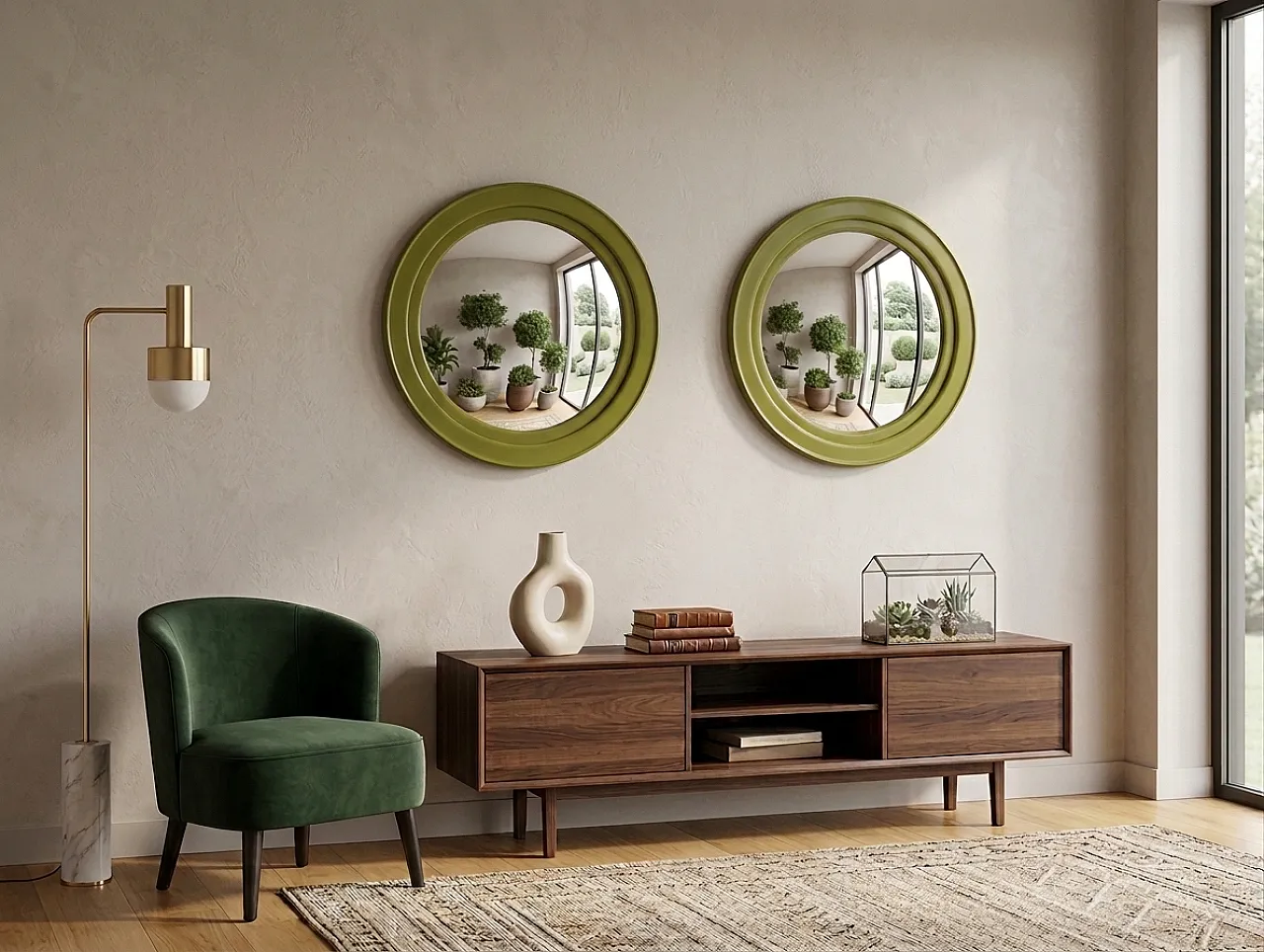 Coppia di specchi rotondi verde oliva, anni 70 3