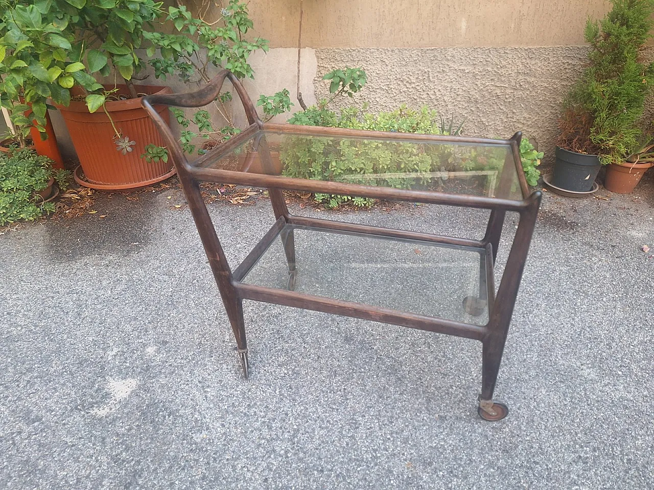 Wooden cart with glass shelves and wheels from de Baggis, 1950s 1