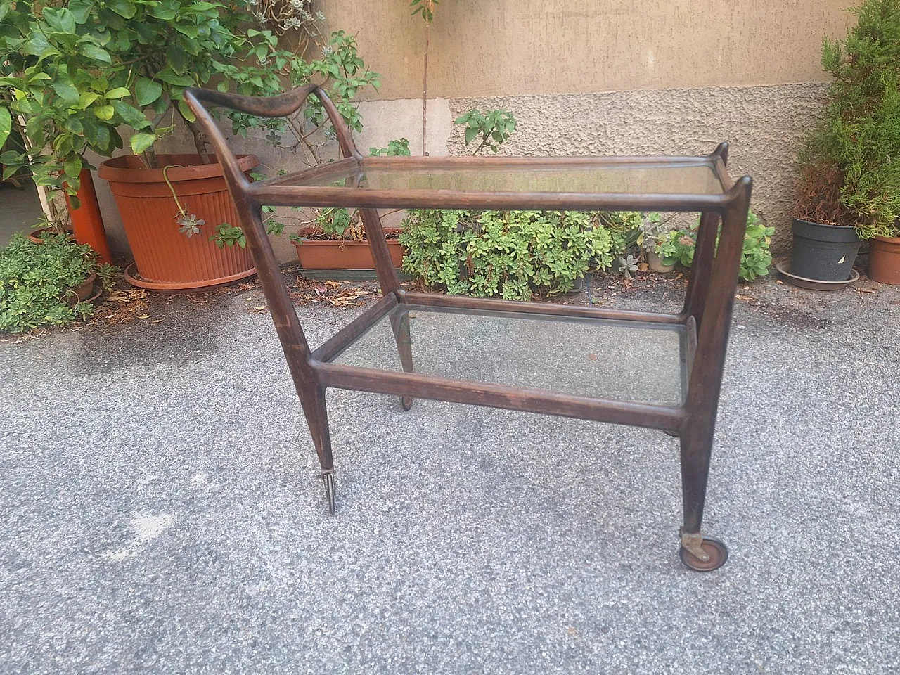 Wooden cart with glass shelves and wheels from de Baggis, 1950s 2