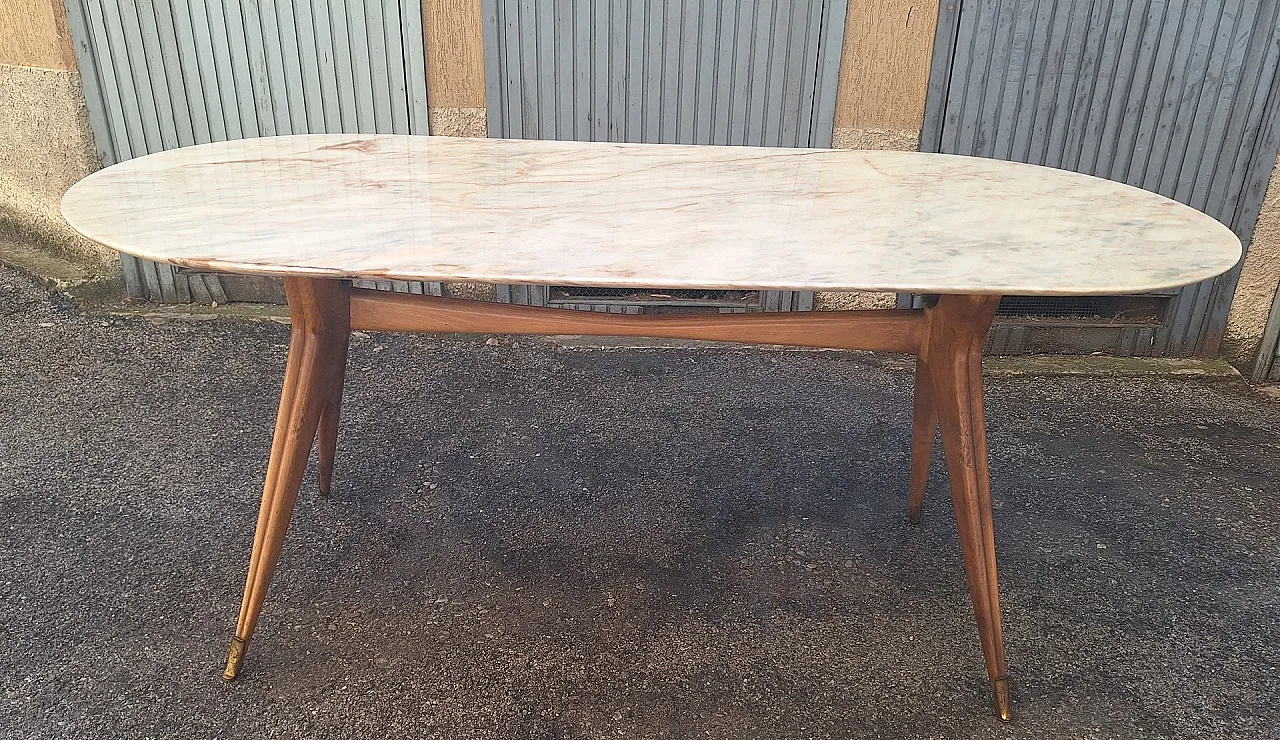 Tavolo in legno, finiture in ottone e ripiano in marmo, anni '50 1