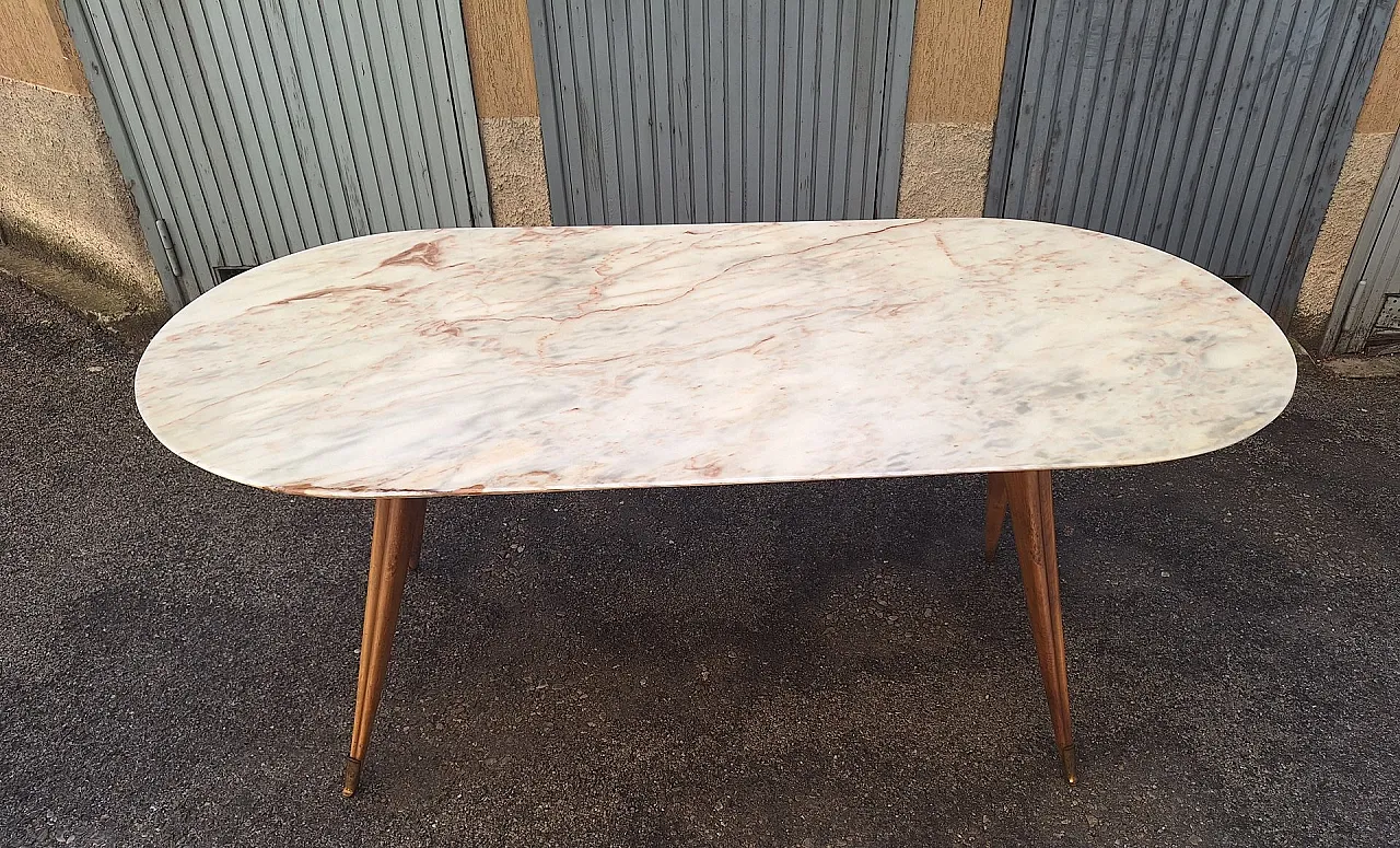 Tavolo in legno, finiture in ottone e ripiano in marmo, anni '50 2