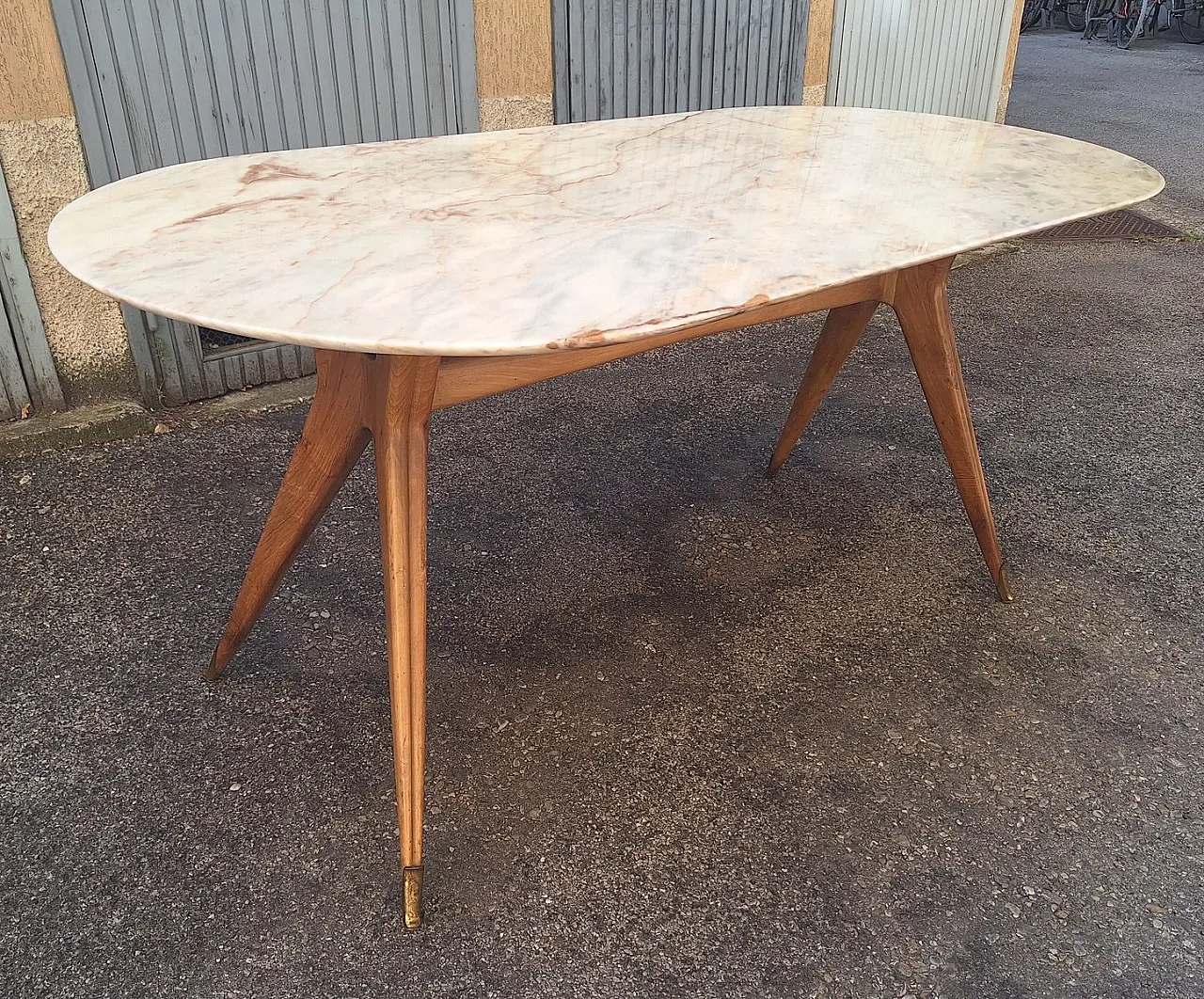 Tavolo in legno, finiture in ottone e ripiano in marmo, anni '50 3