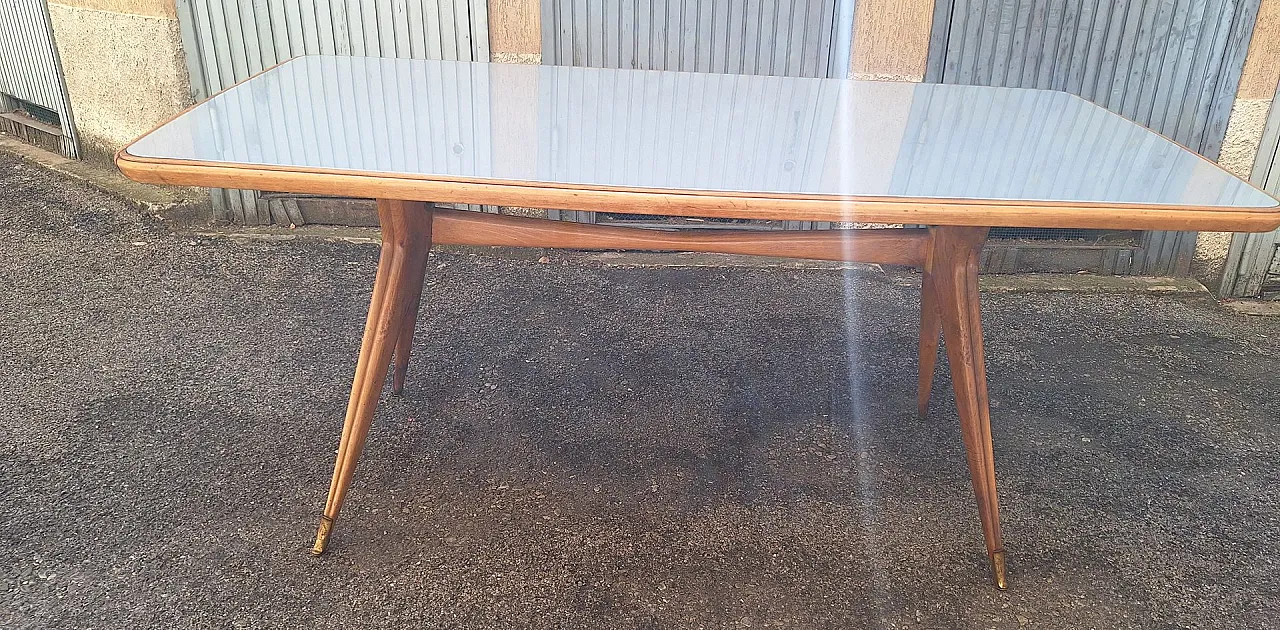Tavolo da pranzo in legno, ottone e vetro, anni '50 2