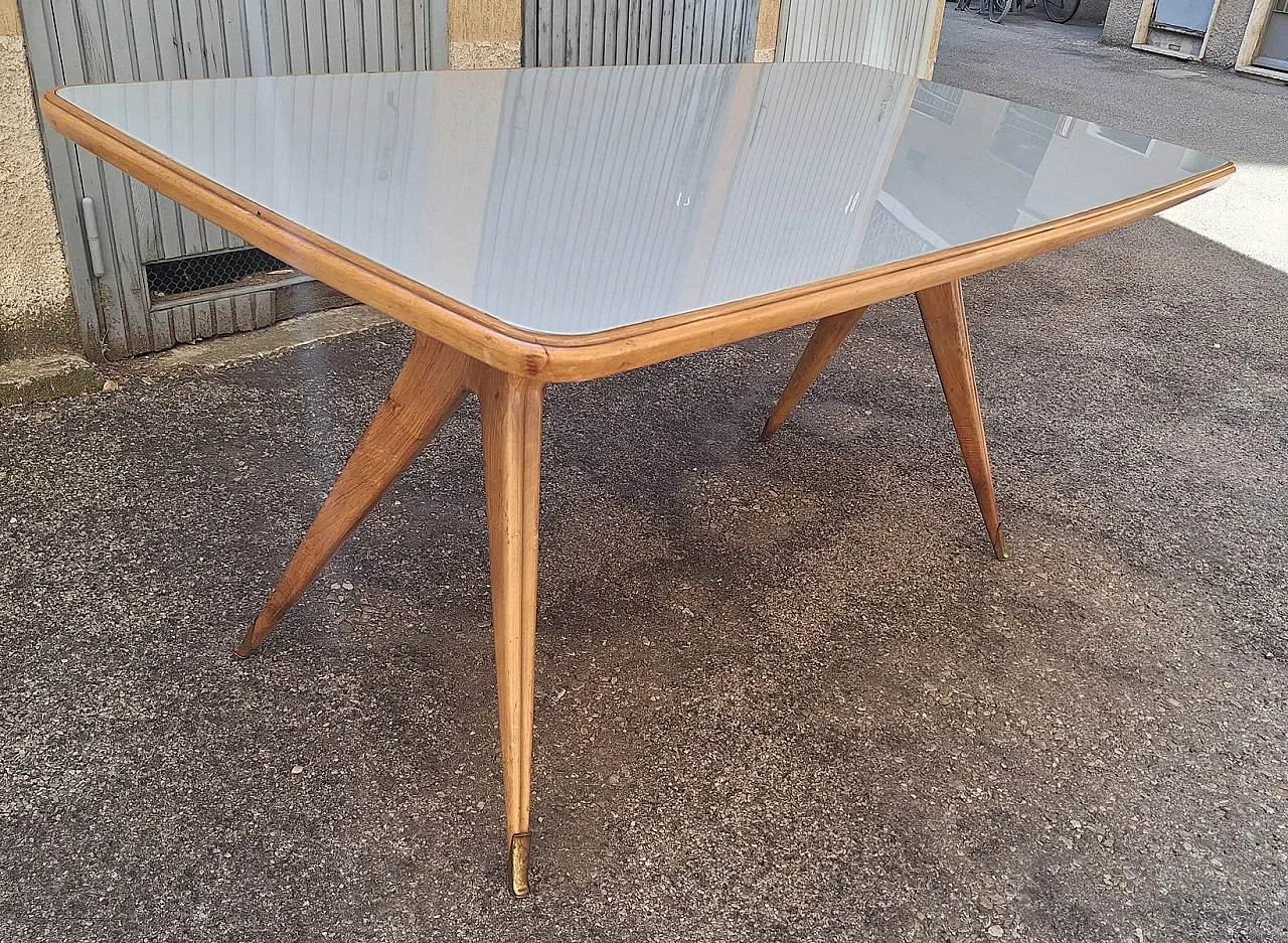 Tavolo da pranzo in legno, ottone e vetro, anni '50 5