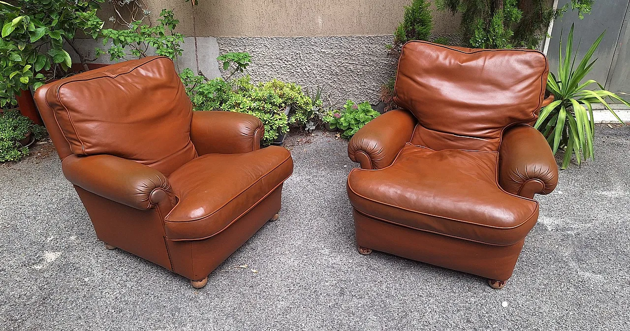 Coppia di poltrona Bergère in pelle marrone Poltrona Frau, anni '60 2