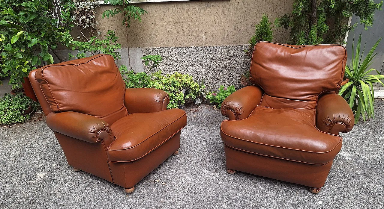 Coppia di poltrona Bergère in pelle marrone Poltrona Frau, anni '60 3