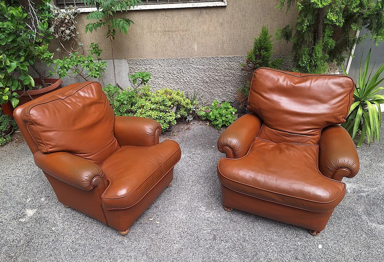 Coppia di poltrona Bergère in pelle marrone Poltrona Frau, anni '60 4