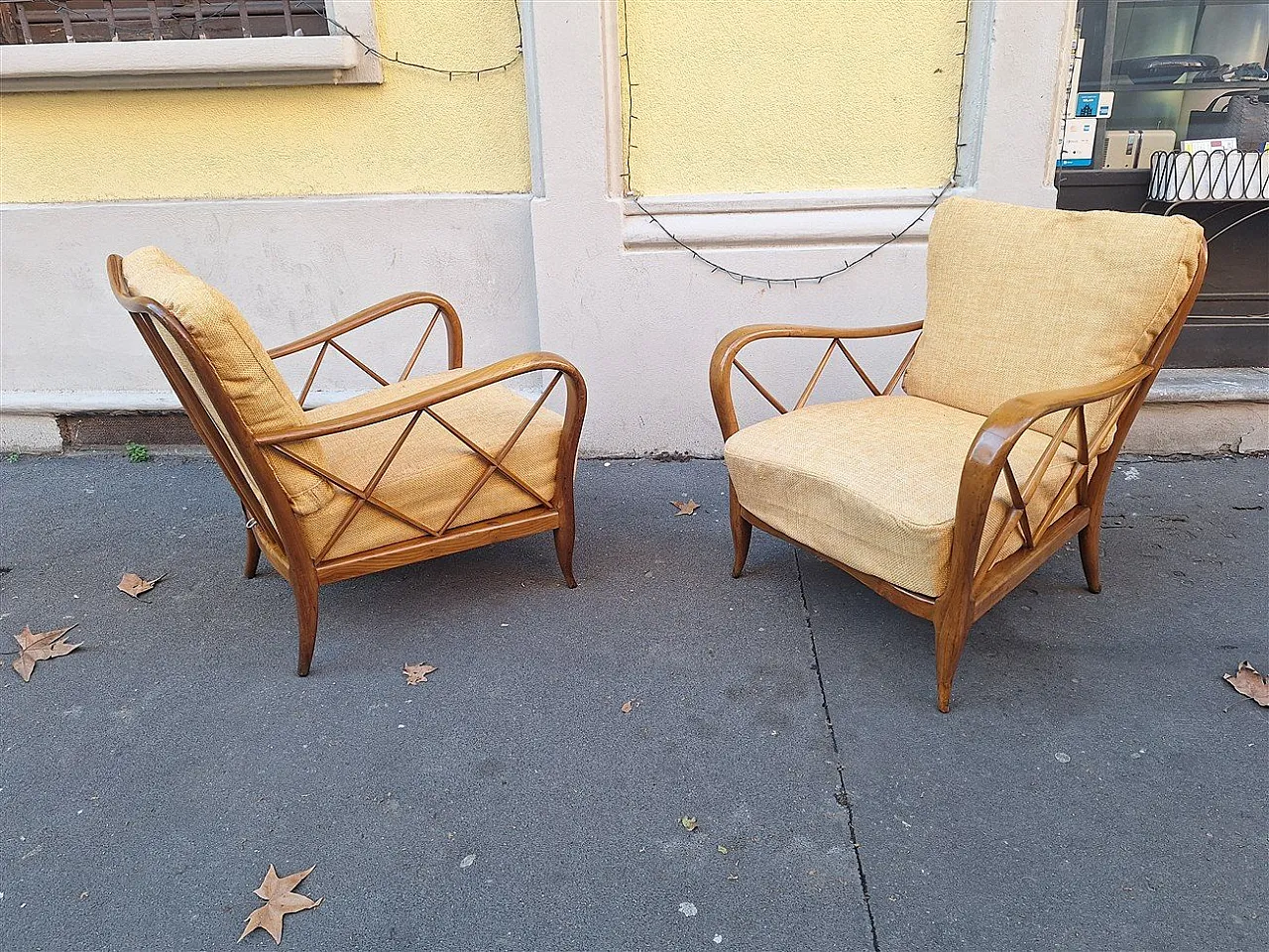 Par of armchairs in wood and yellow fabric from Paolo Buffa, 1940s 1