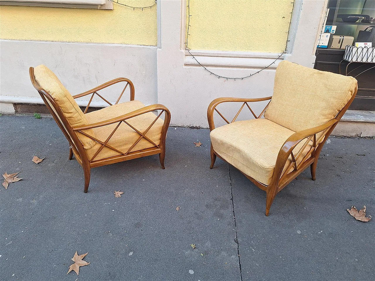 Par of armchairs in wood and yellow fabric from Paolo Buffa, 1940s 2