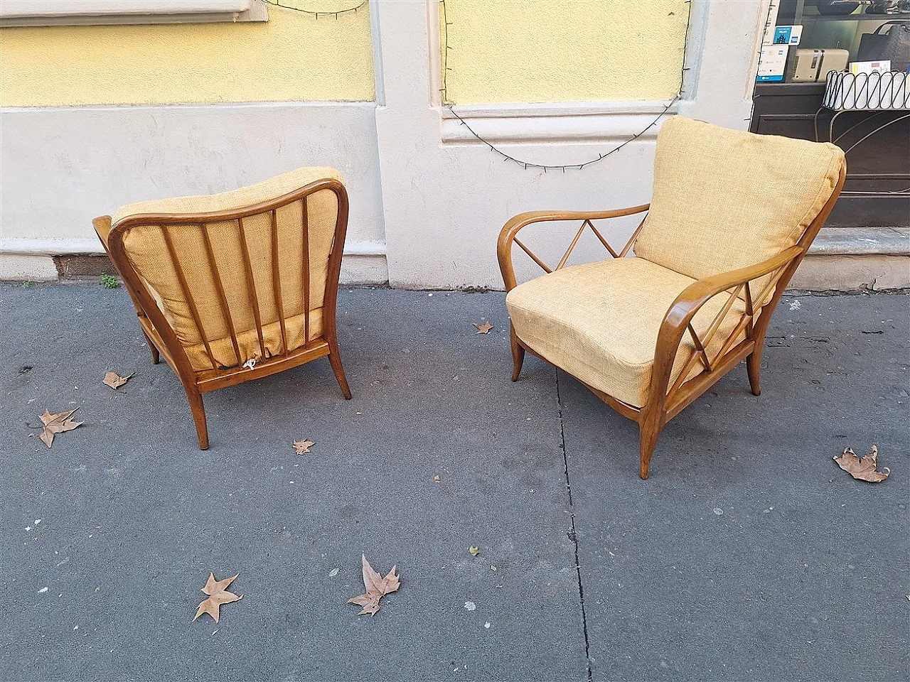 Par of armchairs in wood and yellow fabric from Paolo Buffa, 1940s 3