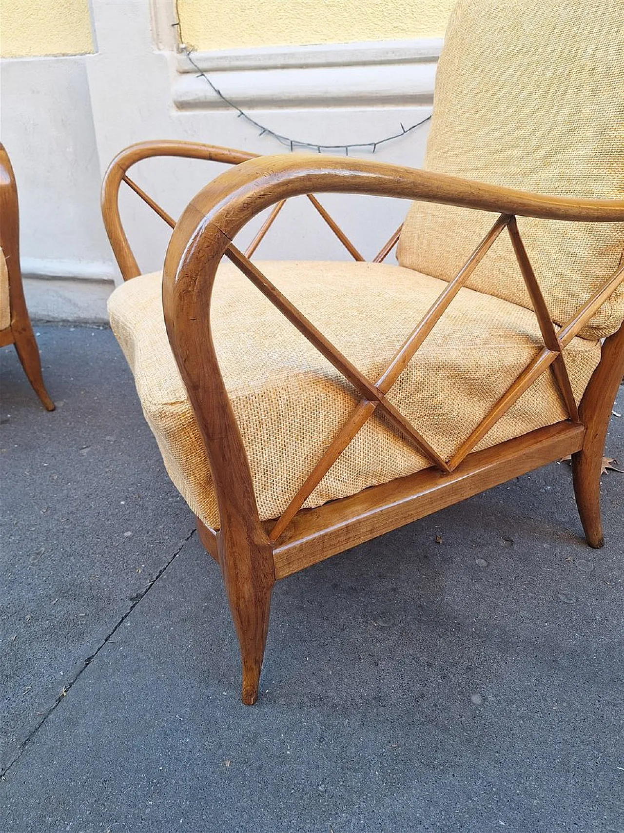 Par of armchairs in wood and yellow fabric from Paolo Buffa, 1940s 4