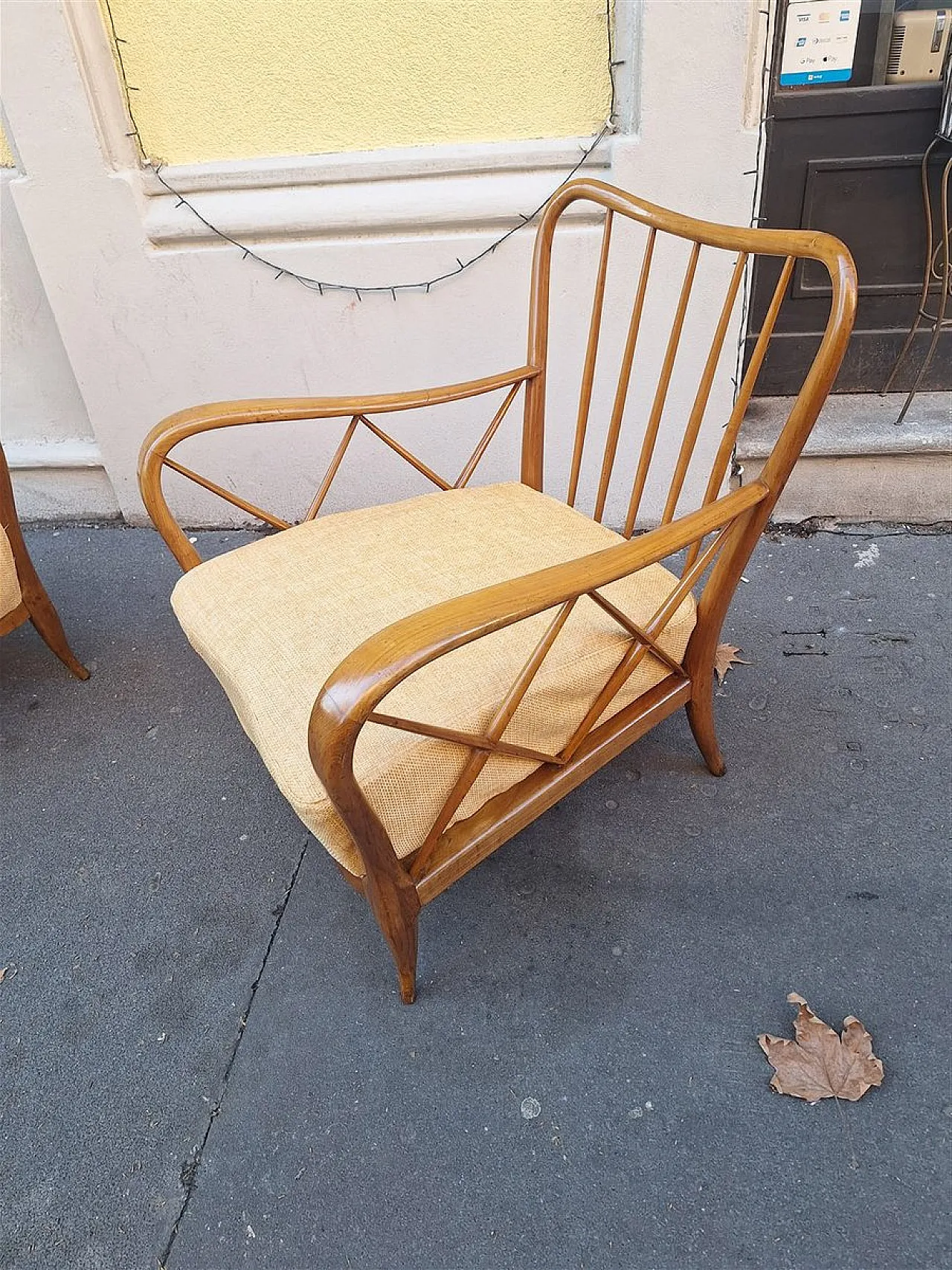 Par of armchairs in wood and yellow fabric from Paolo Buffa, 1940s 6