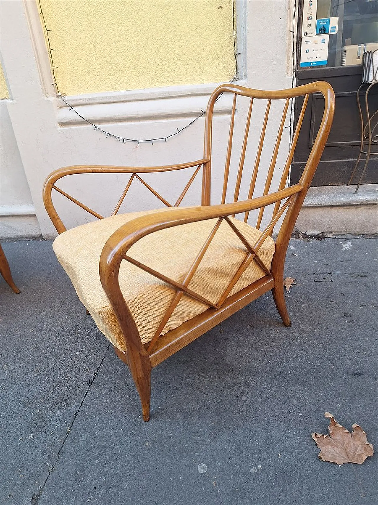 Par of armchairs in wood and yellow fabric from Paolo Buffa, 1940s 7