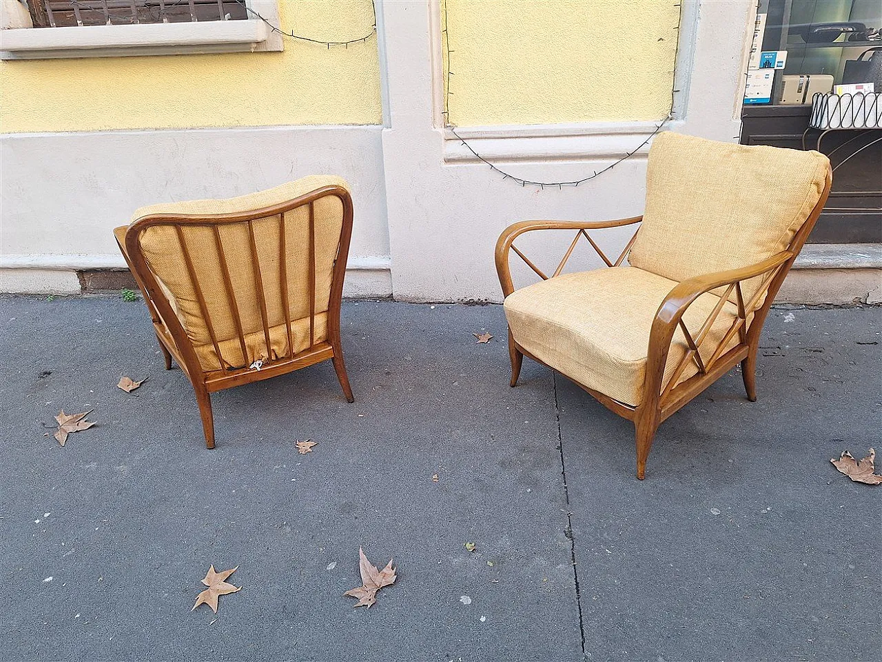 Par of armchairs in wood and yellow fabric from Paolo Buffa, 1940s 10