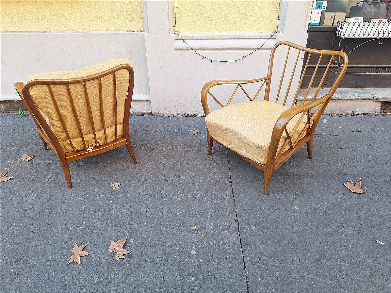 Par of armchairs in wood and yellow fabric from Paolo Buffa, 1940s 11