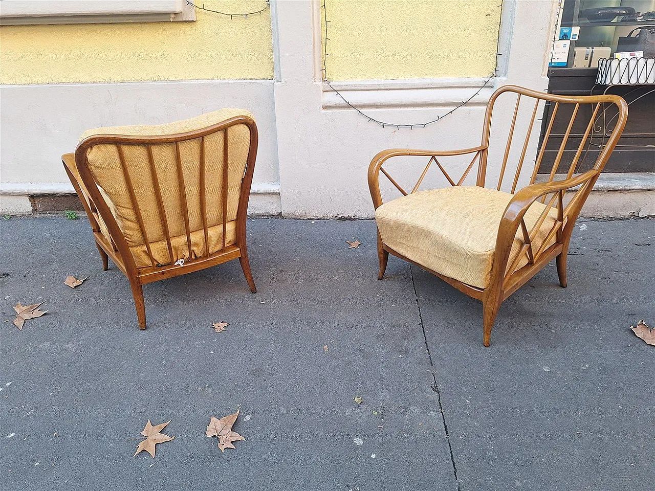 Par of armchairs in wood and yellow fabric from Paolo Buffa, 1940s 12