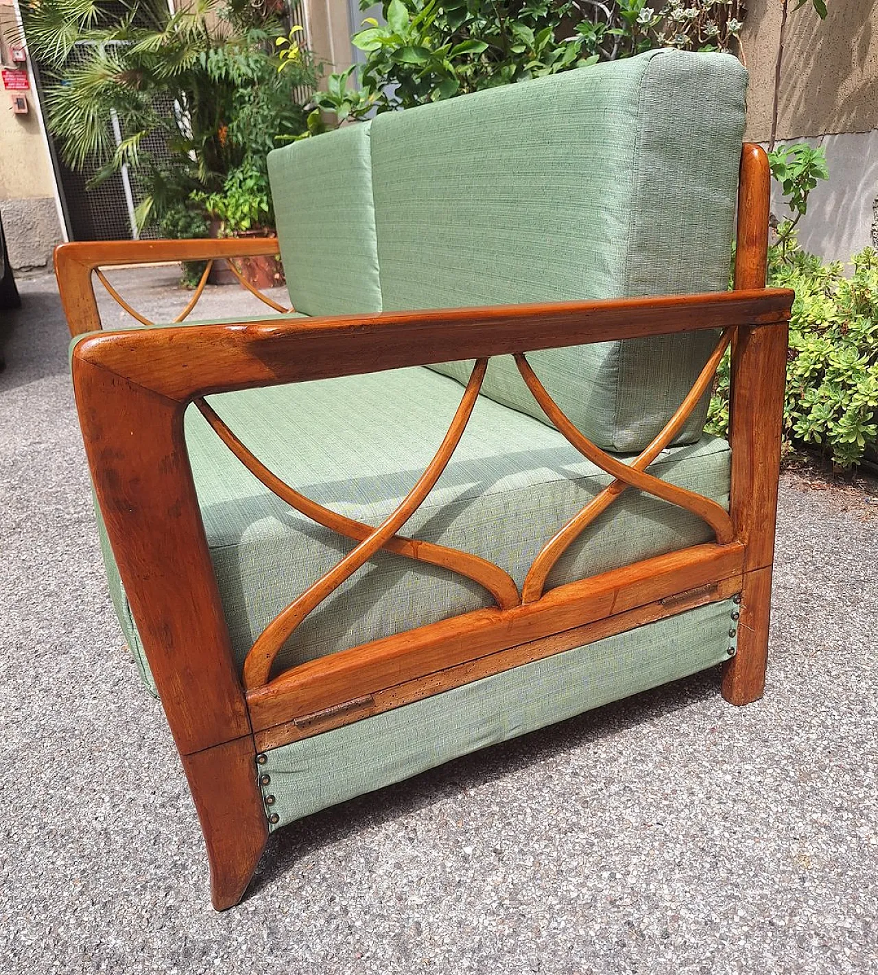Sofa bed in wood and green fabric from Paolo Buffa, 1940s 3