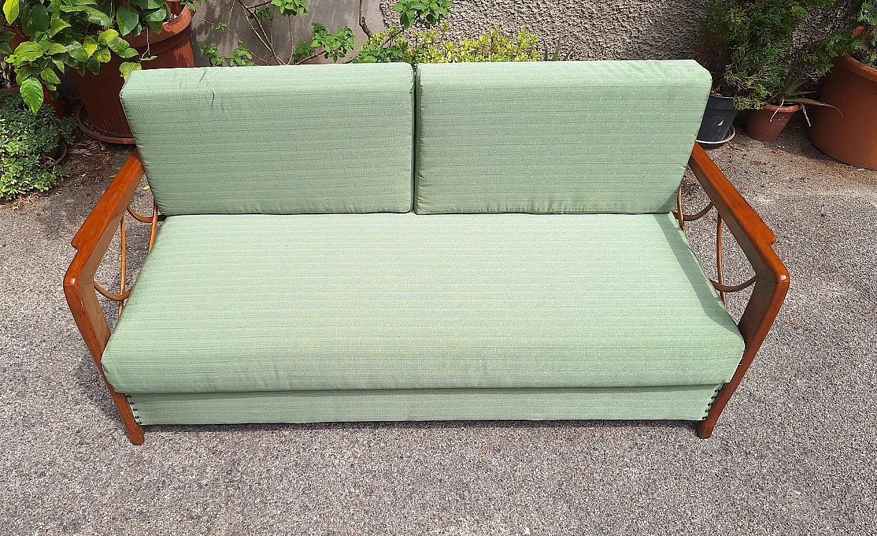 Sofa bed in wood and green fabric from Paolo Buffa, 1940s 4