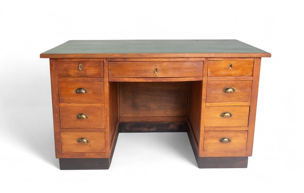 Scrivania ministeriale in legno con ripiano in similpelle verde, '900 1