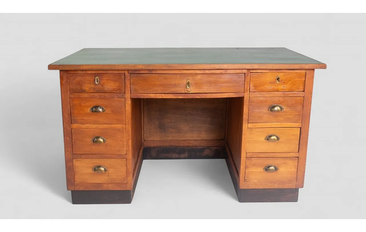 Scrivania ministeriale in legno con ripiano in similpelle verde, '900 2