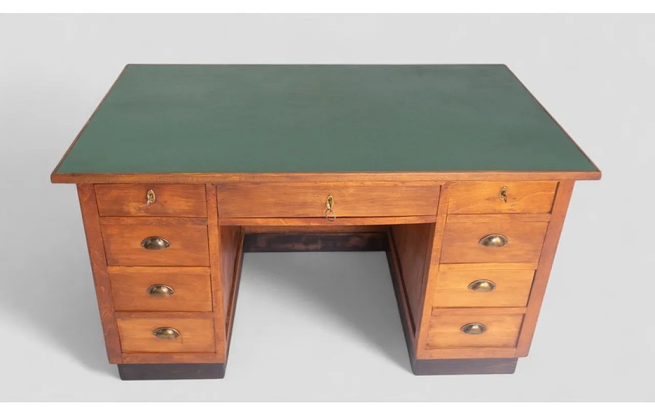 Scrivania ministeriale in legno con ripiano in similpelle verde, '900 3