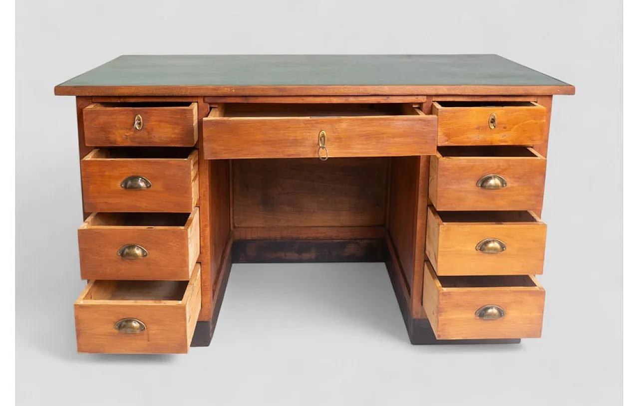 Scrivania ministeriale in legno con ripiano in similpelle verde, '900 7