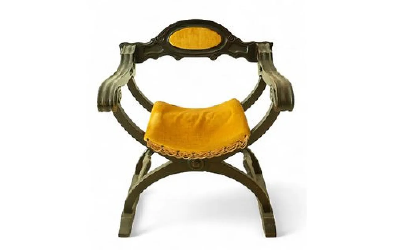 Savonarola chair in wood and velvet with backrest, 20th century 1