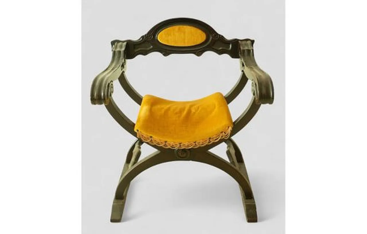 Savonarola chair in wood and velvet with backrest, 20th century 2