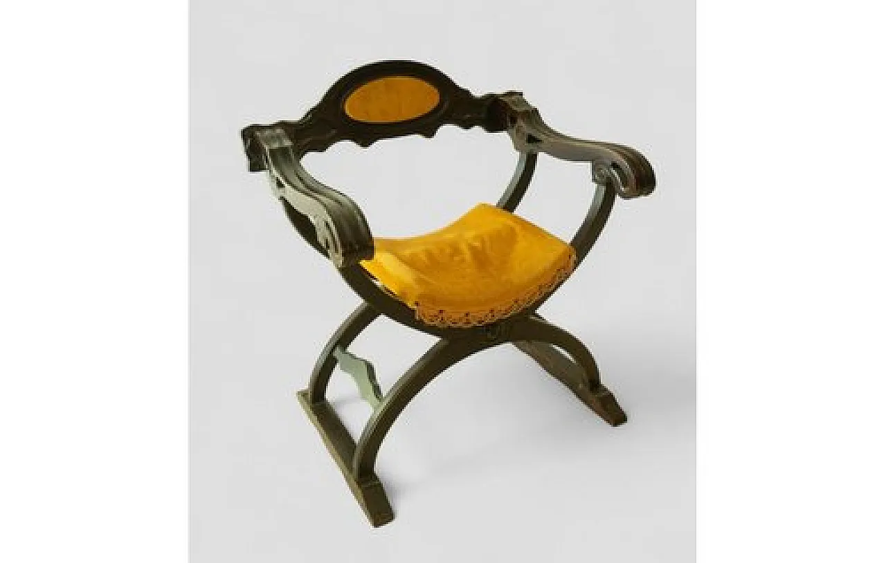 Savonarola chair in wood and velvet with backrest, 20th century 3