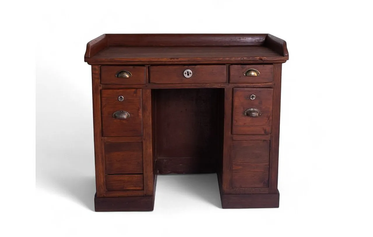 Wood desk with drawers and brass details, 1960s 1