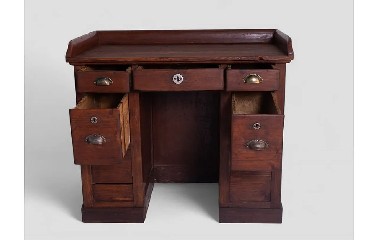 Wood desk with drawers and brass details, 1960s 6