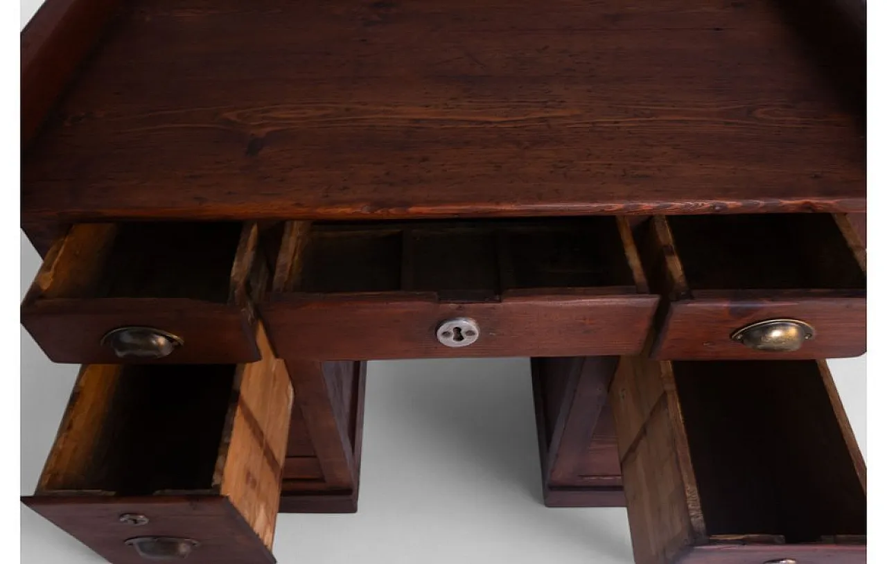 Wood desk with drawers and brass details, 1960s 8