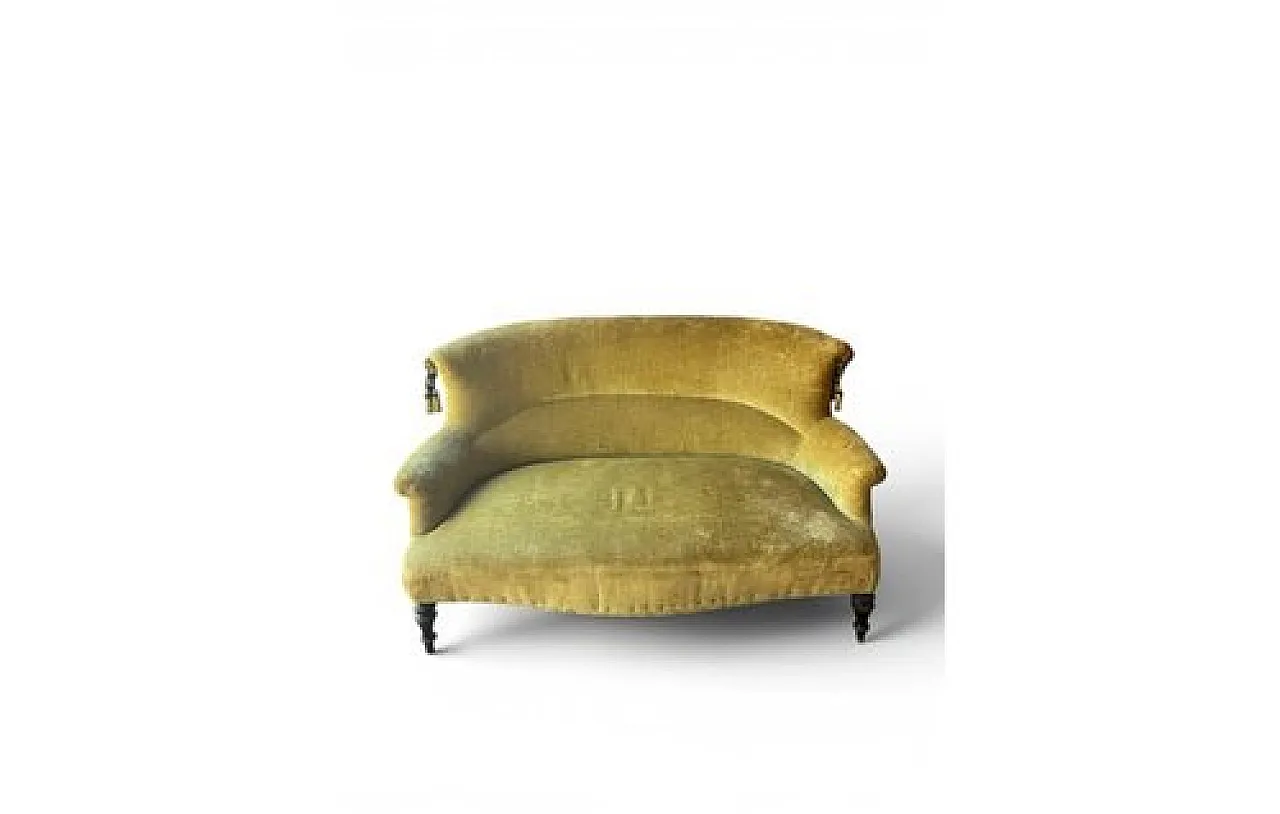 Mustard velvet curved sofa with decorative tassels, 1930s 1