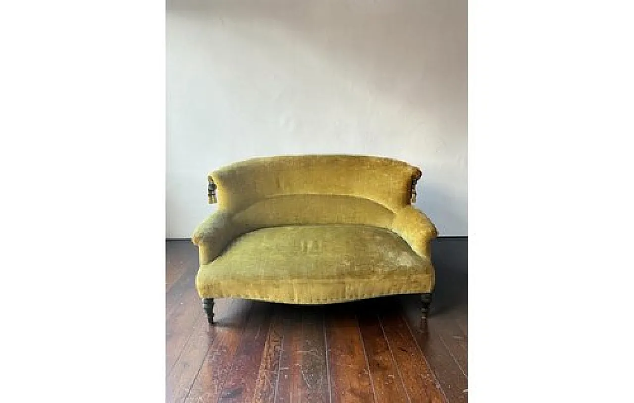 Mustard velvet curved sofa with decorative tassels, 1930s 2