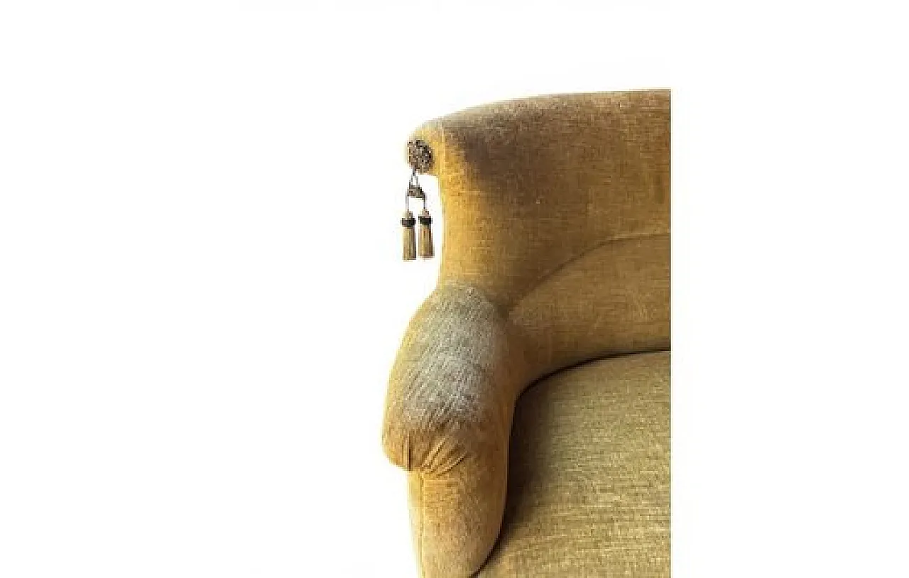 Mustard velvet curved sofa with decorative tassels, 1930s 5