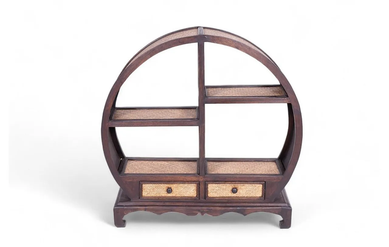 Cabinet in acacia wood and rattan with shelves and drawers, 1960s 1