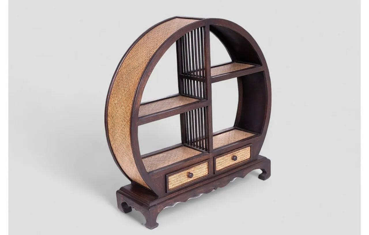 Cabinet in acacia wood and rattan with shelves and drawers, 1960s 3