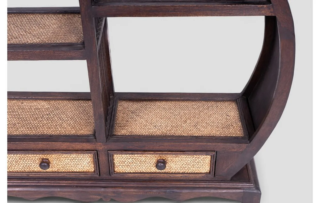 Cabinet in acacia wood and rattan with shelves and drawers, 1960s 7